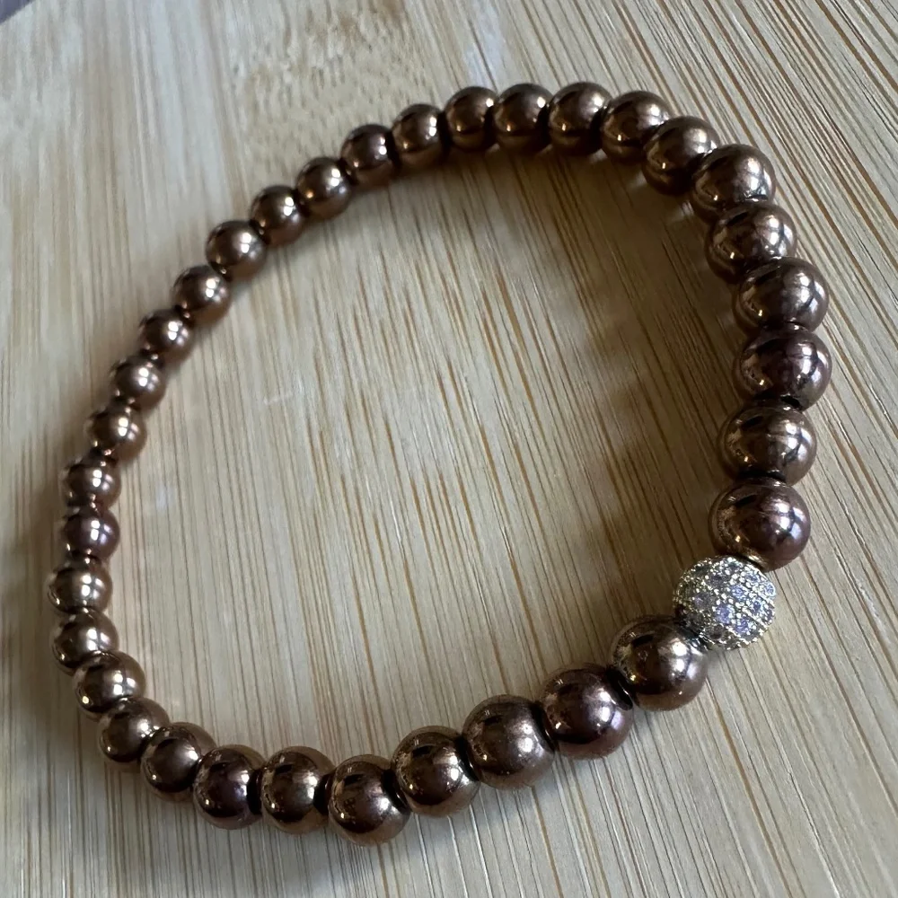 Bronze 6mm Hematite Stretch Bracelet w/ Gold Pave Crystal Ball Spacer